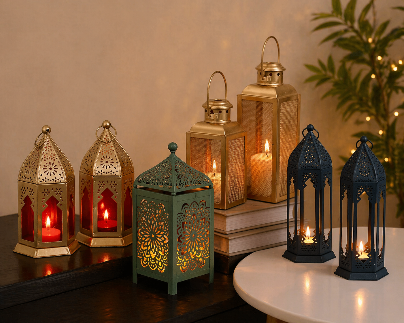 Brass candle holders and lanterns